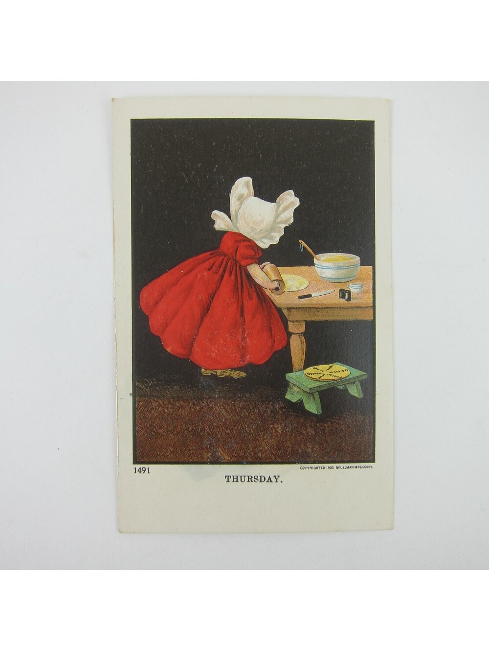 Postcard Sunbonnet Girl Red Dress Rolling Pin Days of Week Thursday Antique 1905